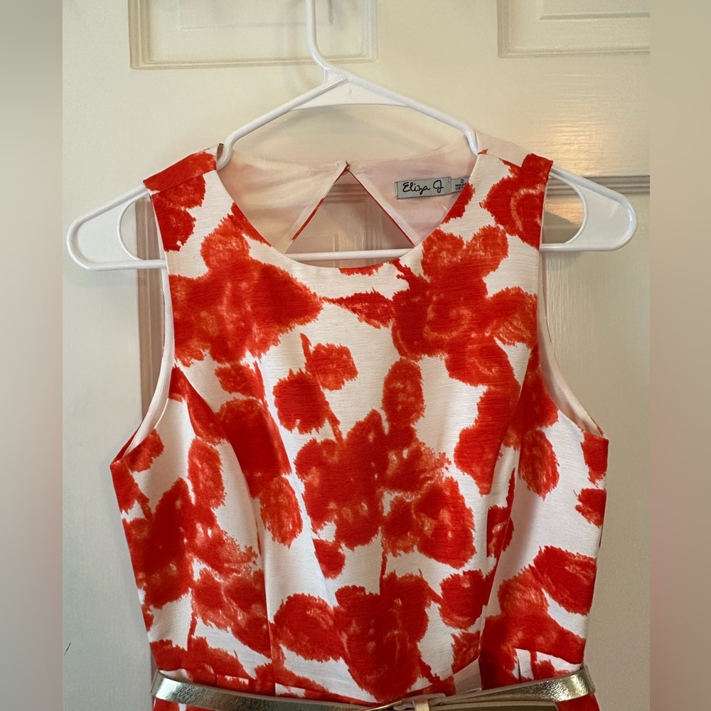 Eliza J Floral Red and White Dress with Belt - Picture 4 of 9